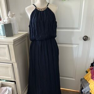 AUW Size 14 Elegant Navy Blue Halter Maxi Dress